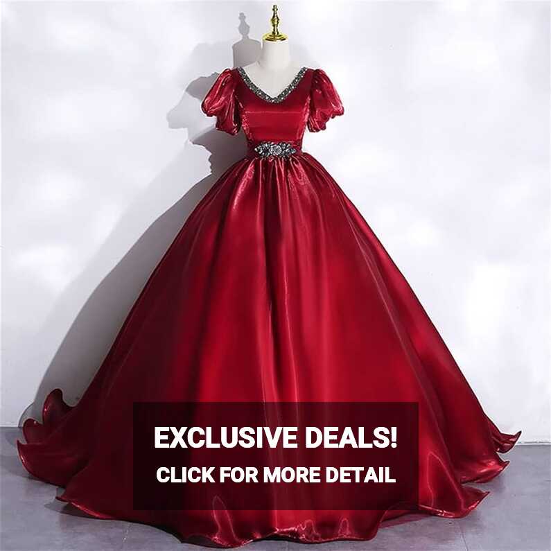 YXBDN Wine Red Organza Dresses Beaded V Neck Short Sleeve Prom ...