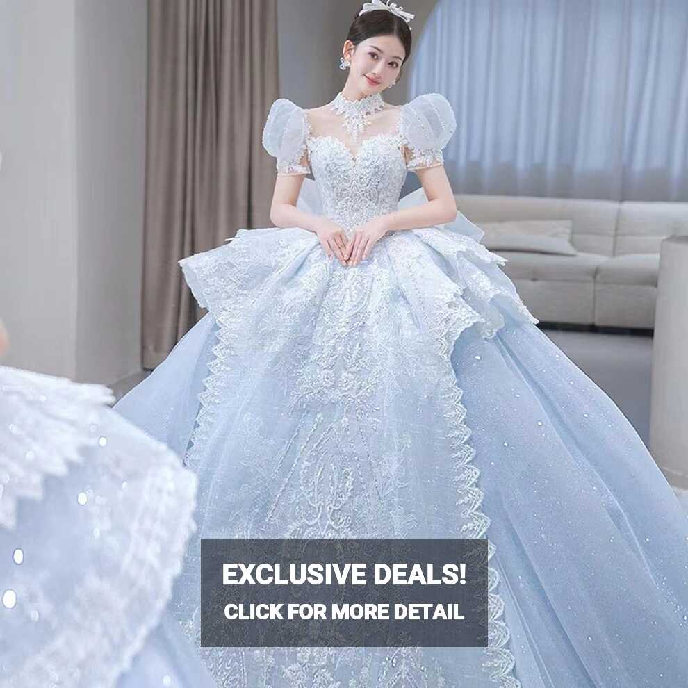 Yc72 Ice Blue Bubble Sleeves Luxury New Wedding Dress Princess Style