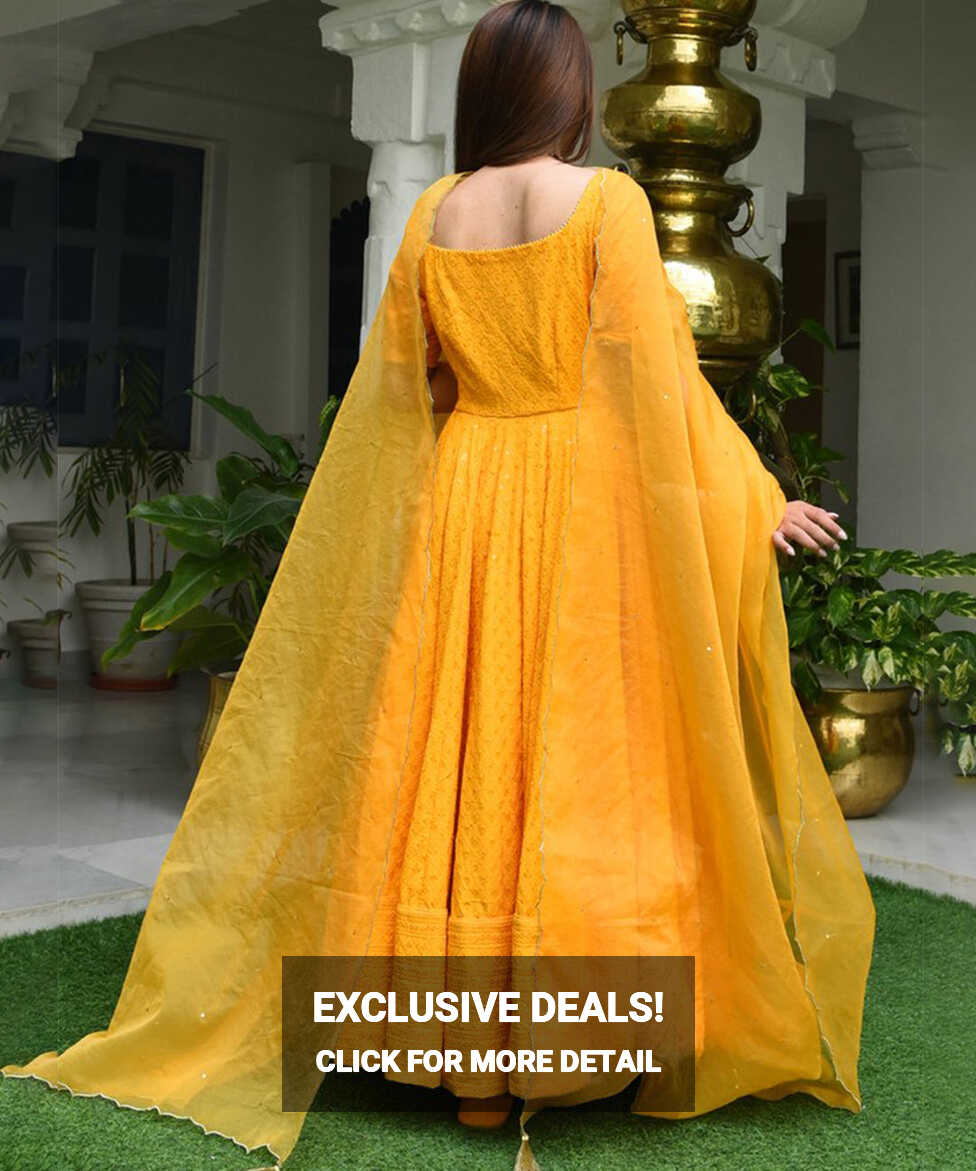 Yellow Designer Anarkali Gown In Cotton With Lucknowi Chikankari Embro