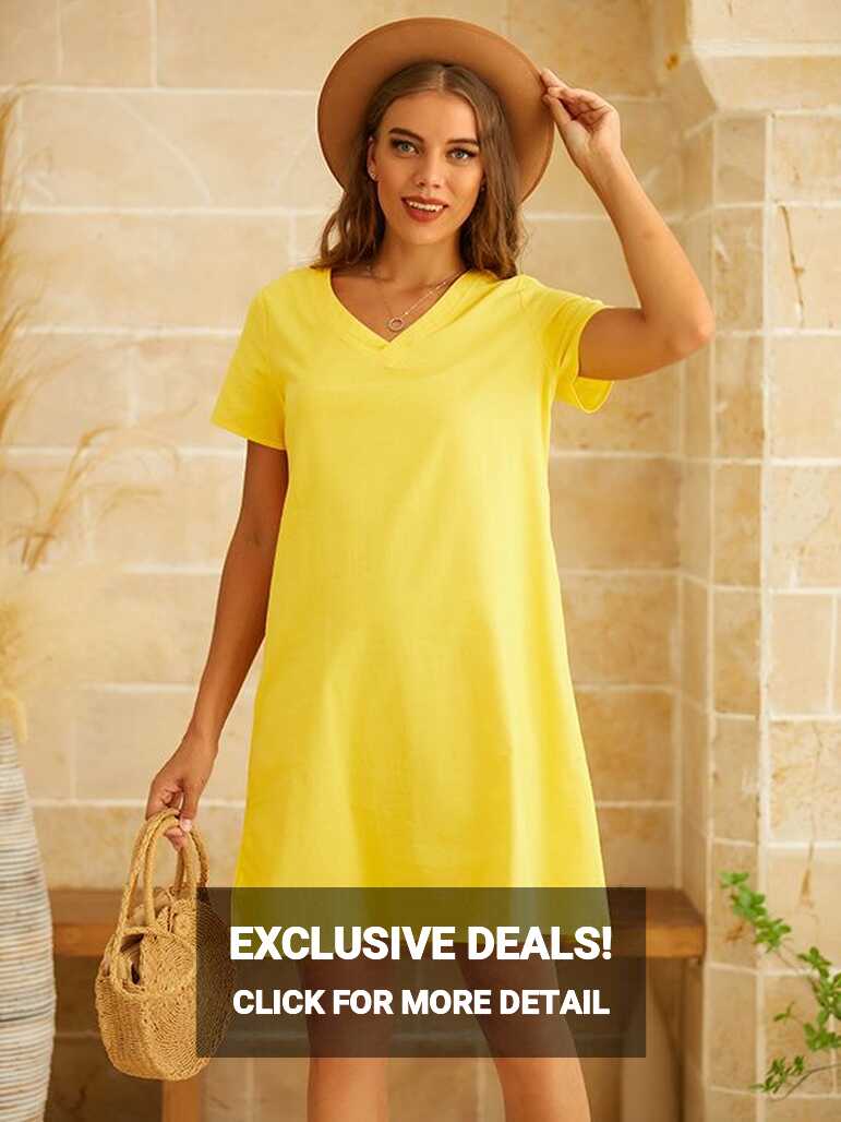 Yellow V-neck Solid Summer Casual Short Sleeve Short Dress