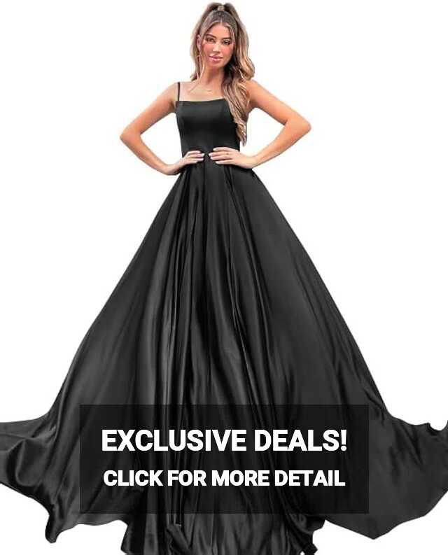 Yilis Flowy Prom Dresses Long Ball Gown Black Spaghetti Straps ...