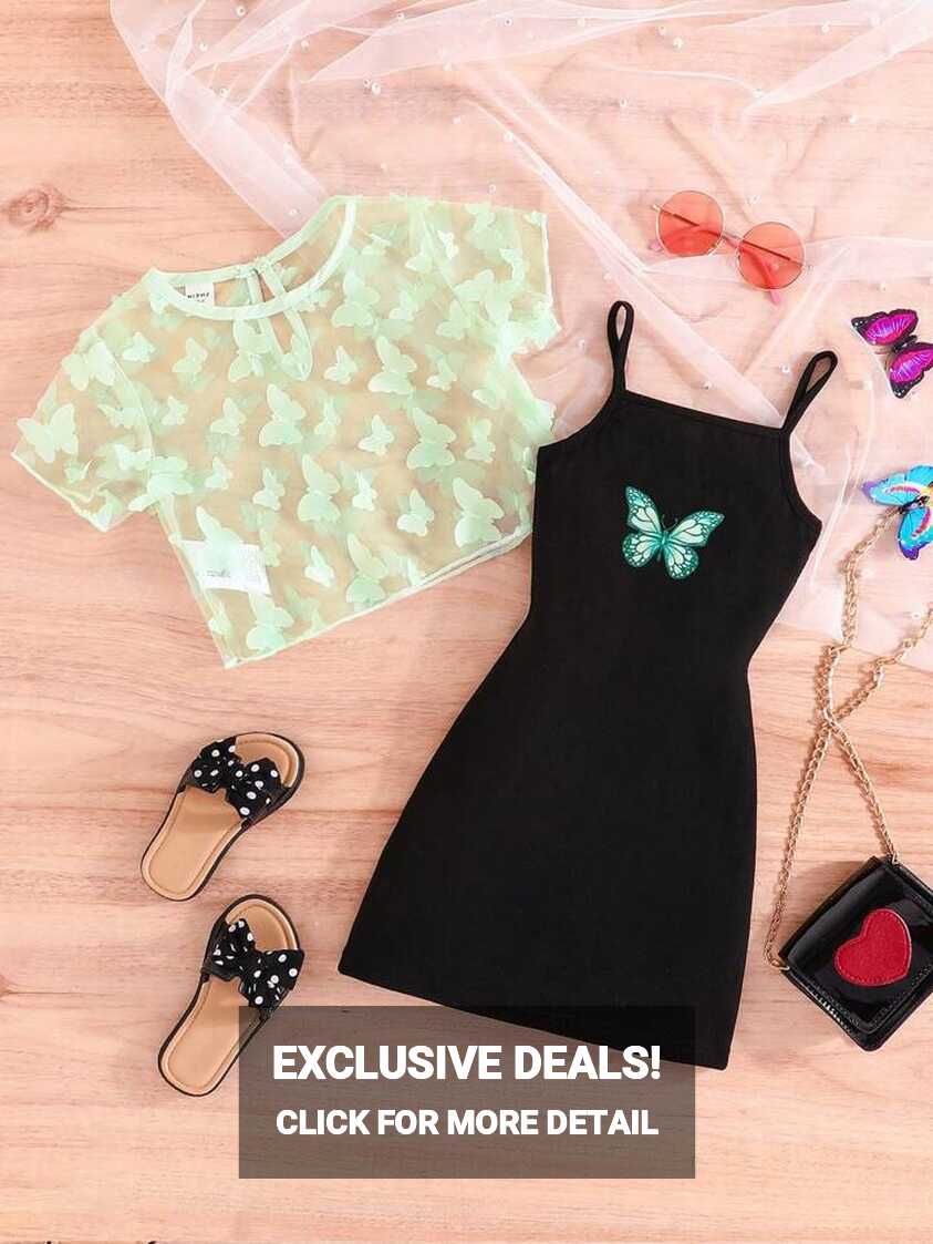 Young Girl Butterfly Print Cami Dress &amp; Appliques Mesh Top | SHEIN