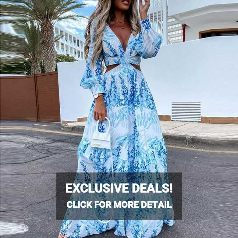 Yubatuo Women&#39;s Floral Maxi Beach Dress, Casual V Neck Long Sleeve ...