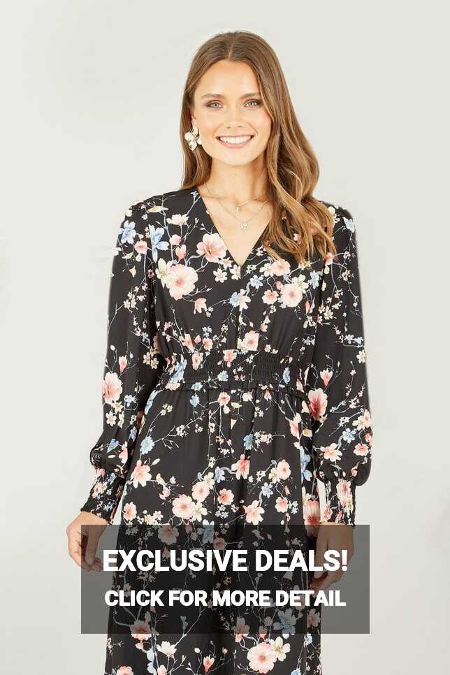 Yumi Black Blossom Floral Print Ruched Long Sleeves Midi Dress | Yumi