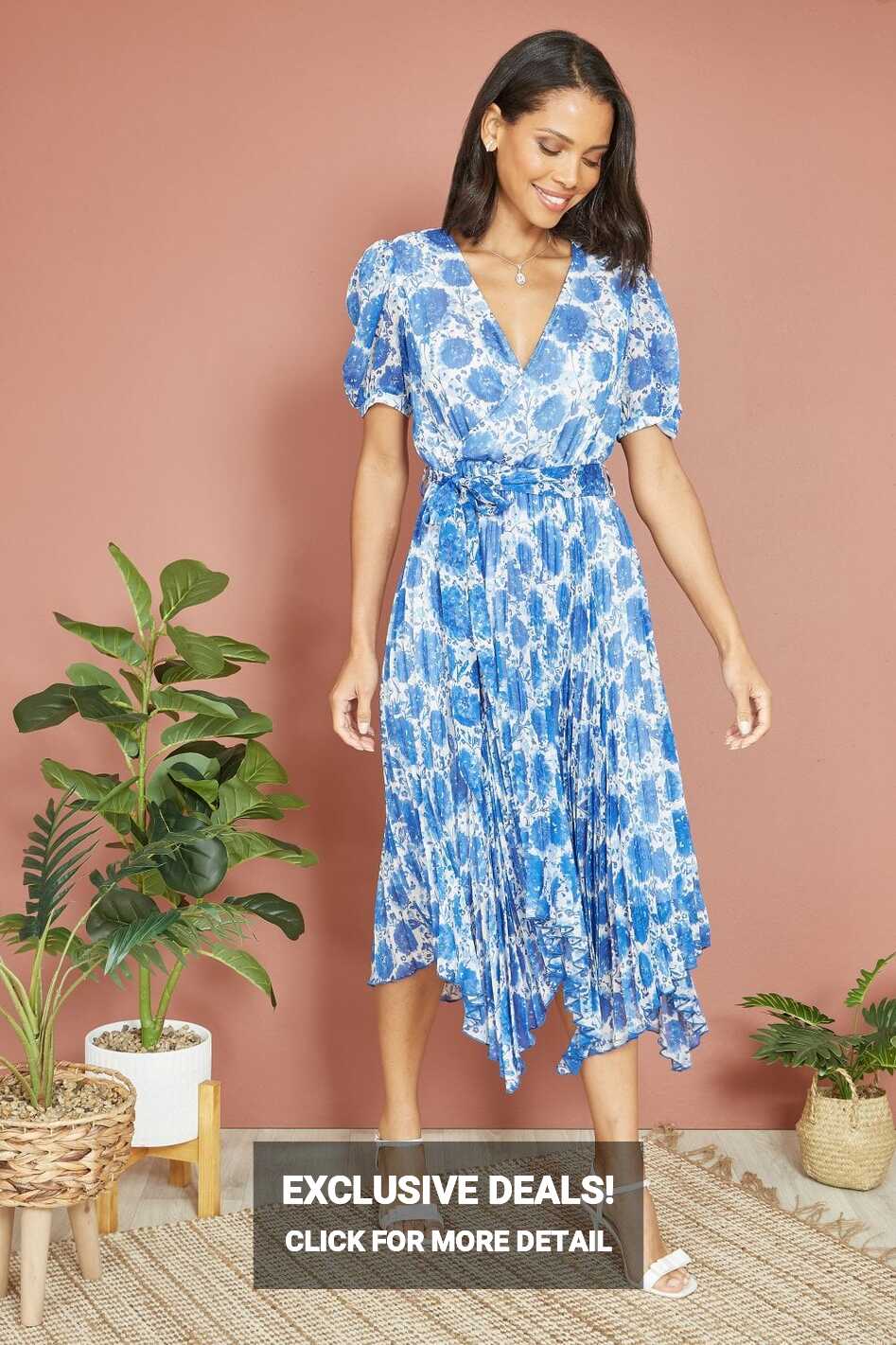 Yumi Blue Floral Pleated Midi Dress With Puff Sleeves | Yumi