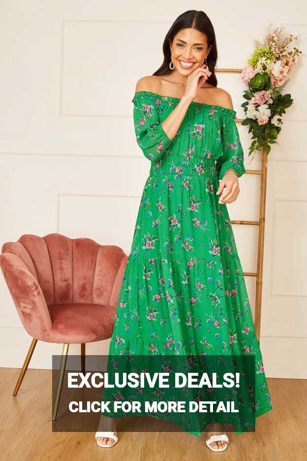 Yumi Green Floral Bardot Long Sleeve Maxi Dress | Yumi