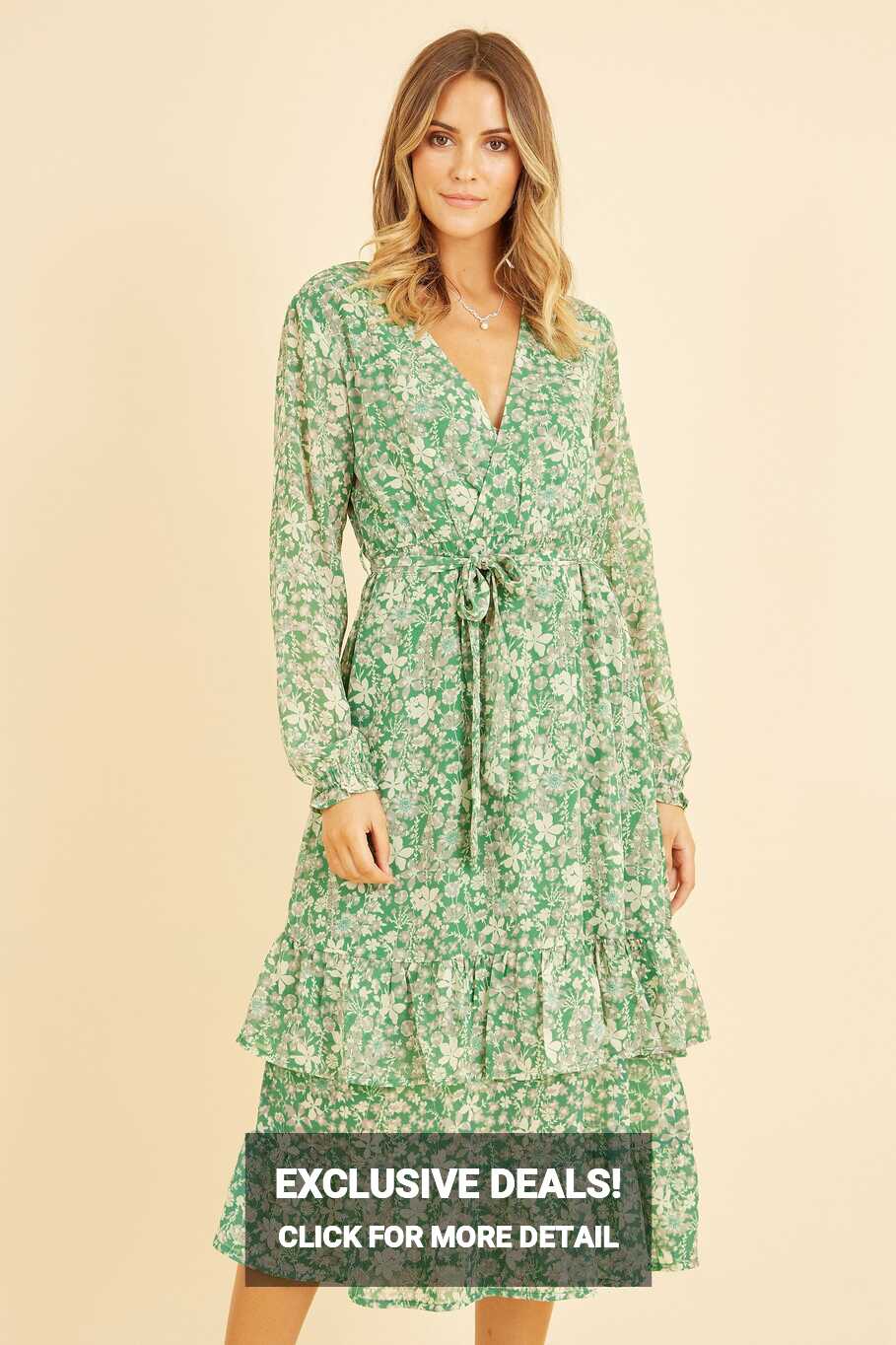 Yumi Green Floral Wrap Long Sleeve Tiered Midi Dress | Yumi