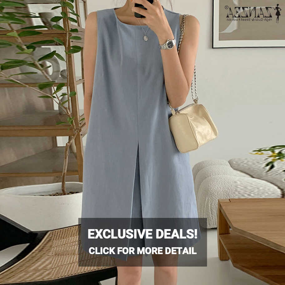 ZANZEA Korean Style Women Plain Sleeveless Shift Dress Round Neck ...