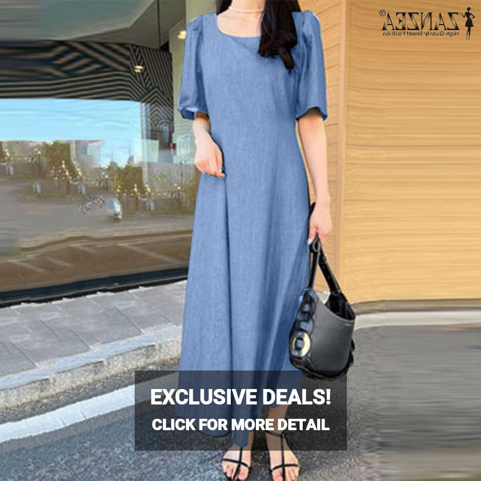 ZANZEA Womens Short Sleeve Square Neck Denim Blue Style Long Dress ...