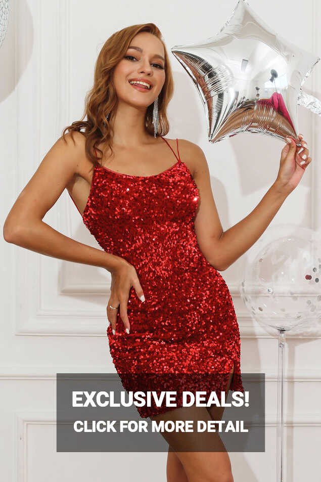 ZAPAKASA Women Red Sequins Tight Homecoming Dress Spaghetti Straps ...