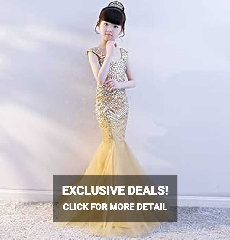 ZHCWT Gold Princess Party Dress Crystal Beading Kids Pageant Dress ...