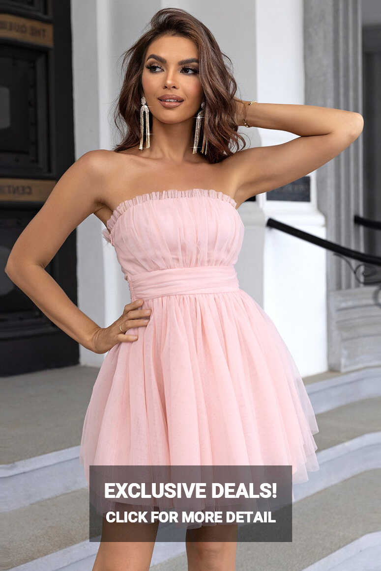 Zapaka Women Pink Short Formal Dress Strapless A Line Tulle ...