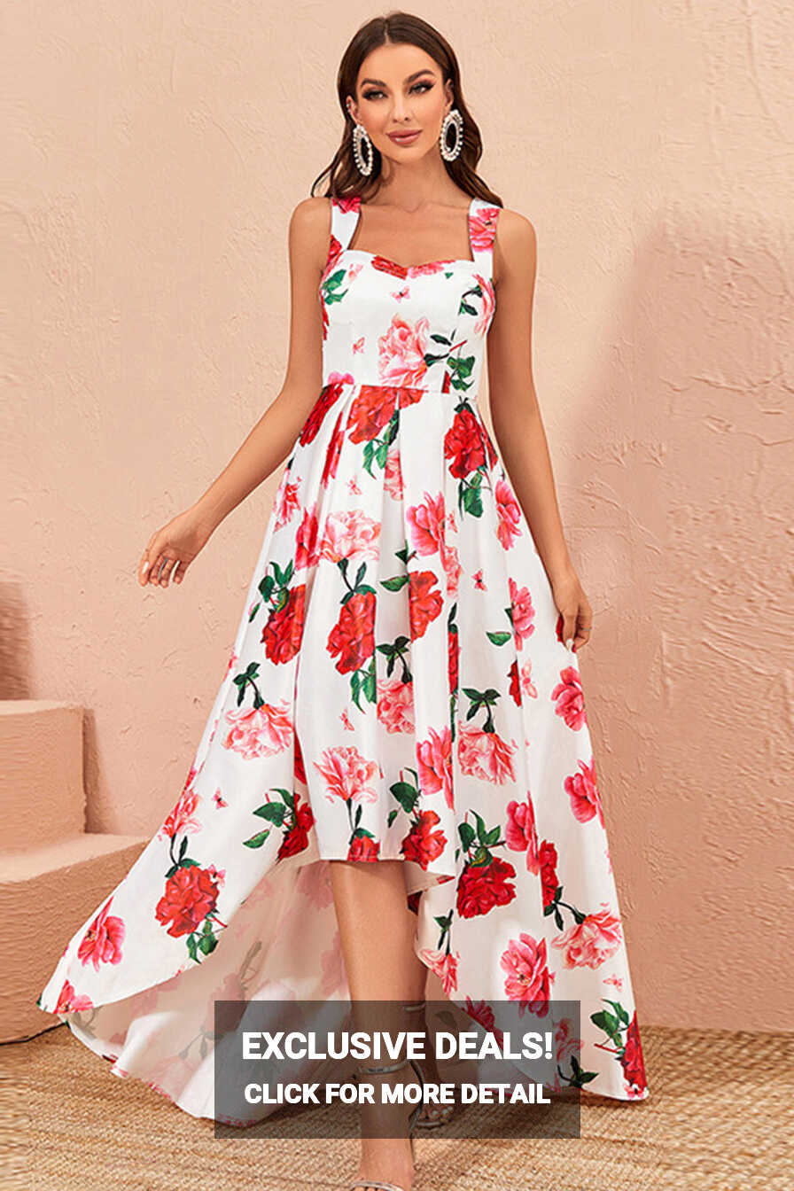 Zapakasa Women Formal Dress High-low White Floral Print Prom Dress ...