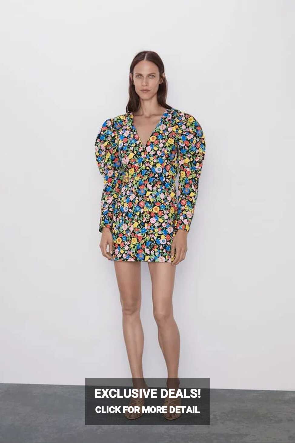 Zara + Printed Mini Dress With Puff Sleeves