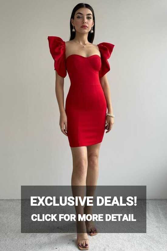 bayansepeti Atlas Fabric Short Red Dress with Low-cut Back ...