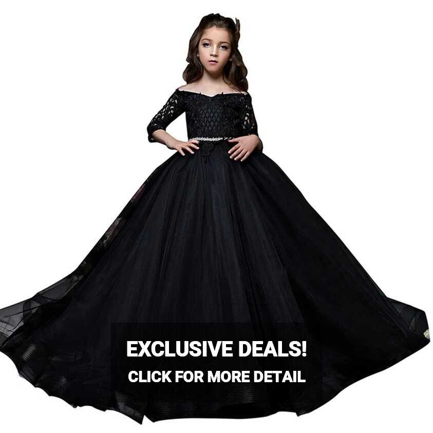 black party dresses for girls half sleeves puffy kids ball gown ...