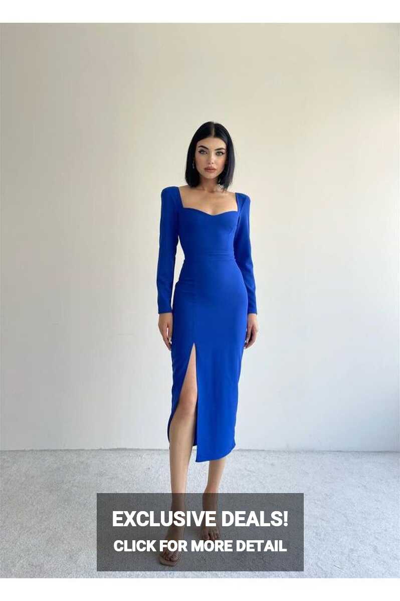 conconmoda Clara Heart Collar Long Sleeve Midi Dress - Blue - Trendyol