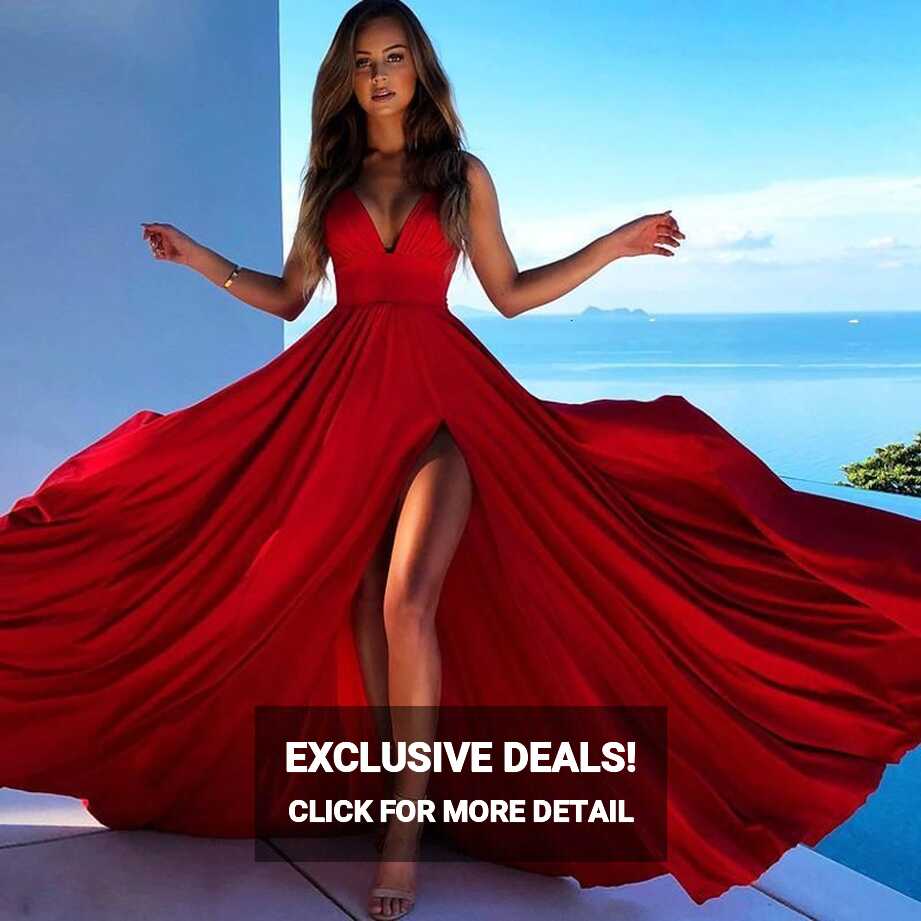 elegant split high waist deep v neck long party dress - Red / S