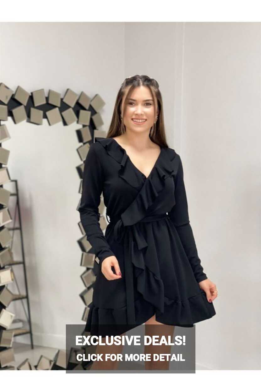 giyimmasalı Crepe Fabric Ruffle Mini Dress Black - Trendyol