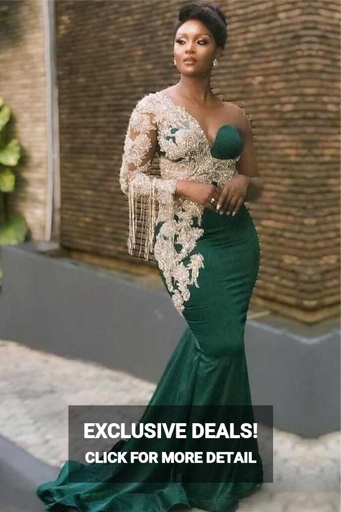 green tassels evening dresses long mermaid green one shoulder ...