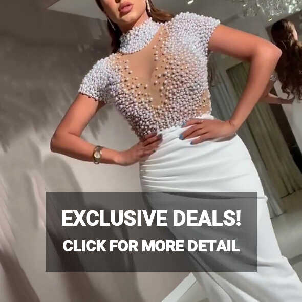 high neck white evening dresses long beaded short sleeve elegant ...