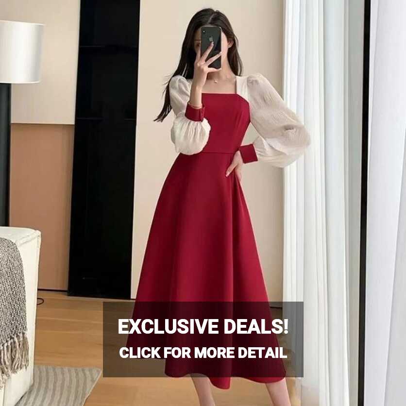 ins Plus size red dress for women girls Korean style square collar ...