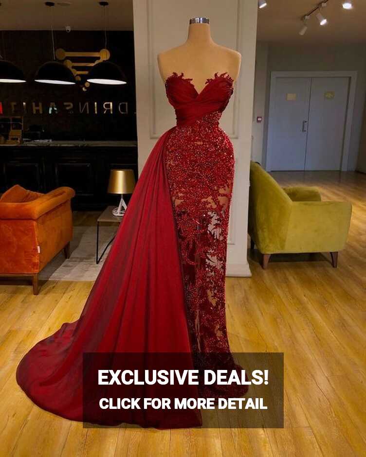 luxury Burgundy Detachable Train Mermaid Prom Dress with Lace ...