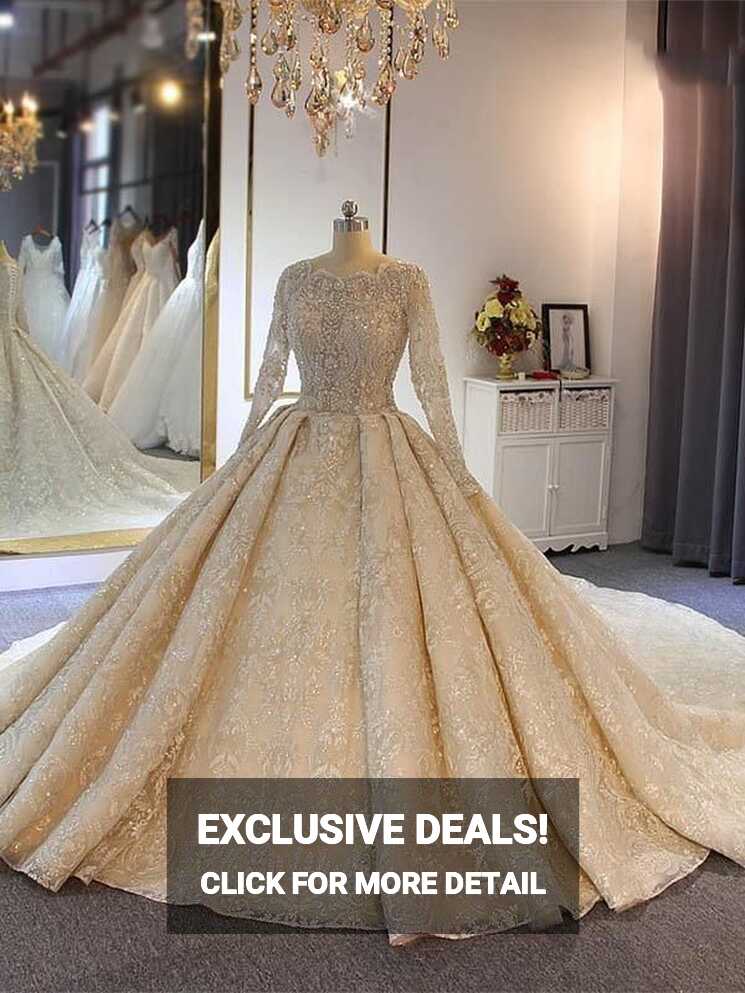 luxury Full Lace Beading Long Sleeves Ball Gown Wedding Dresses