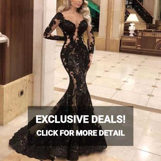 modest black prom dresses long sleeve lace appliqué elegant ...