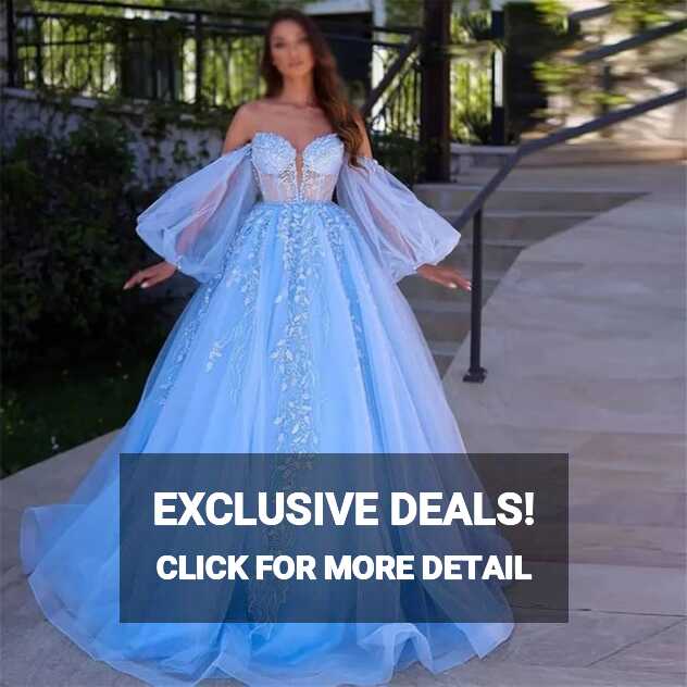 n/a Blue Shiny Appliques Beaded Prom Dress Detachable Puff Sleeves ...