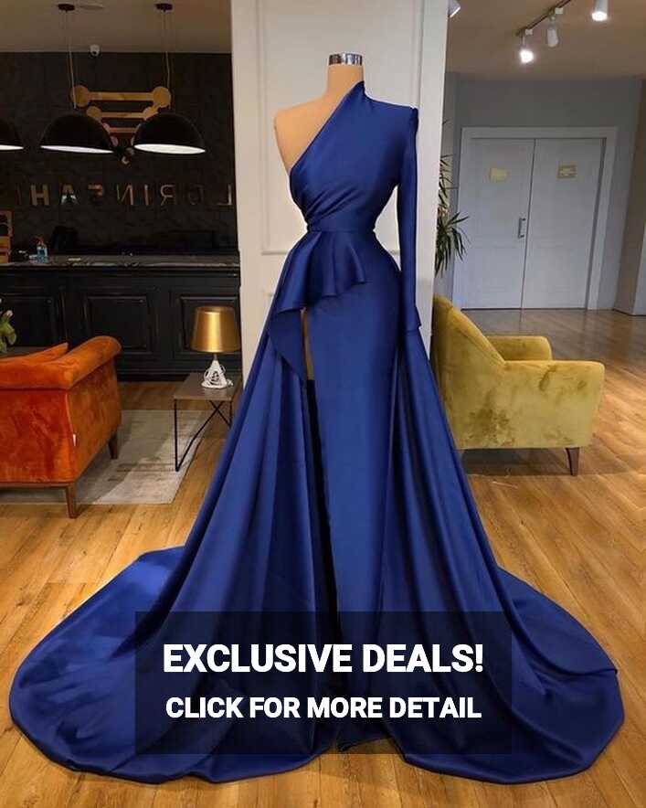 one shoulder prom dresses 2021 satin royal blue elegant vintage ...