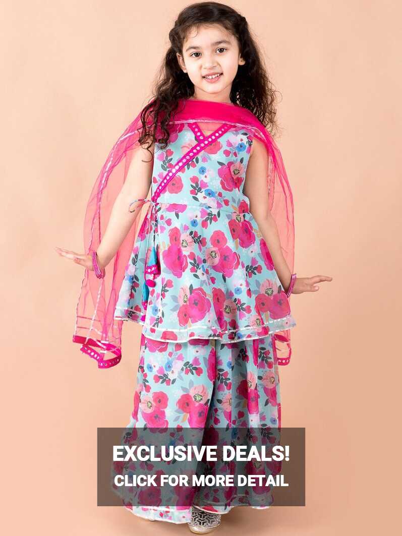 pspeaches Girls Blue Floral Printed Angrakha Gotta Patti Pure ...