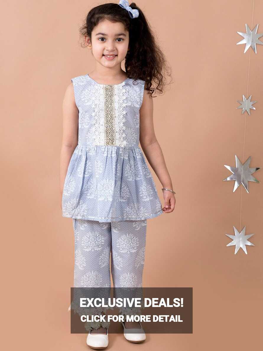 pspeaches Girls Blue Pure Cotton Kurti with Sharara &amp; With Dupatta ...