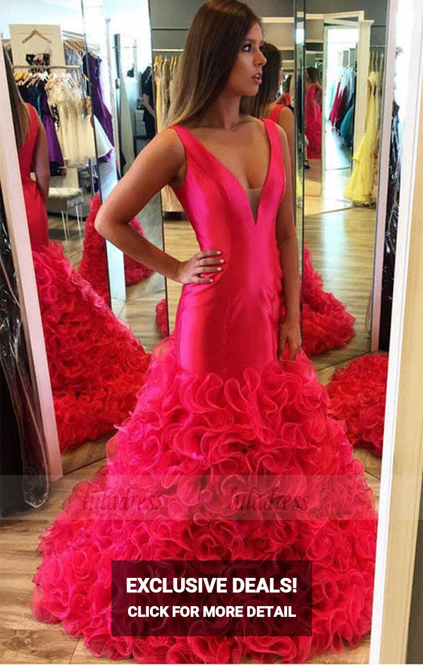 v neck evening dress,mermaid prom dresses,ruffles prom dress ...