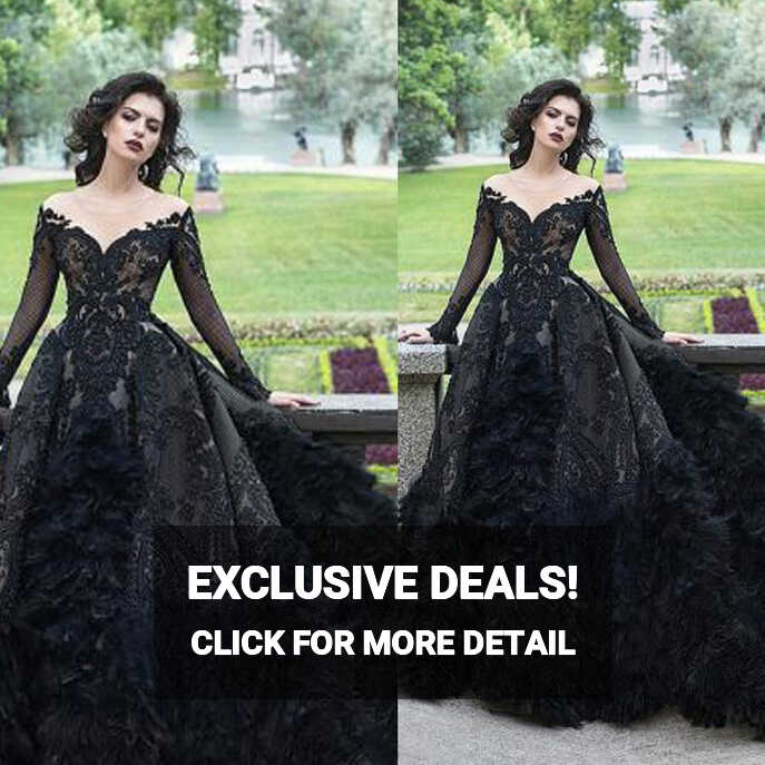 vintage black prom dress ball gown feather lace applique luxury ...