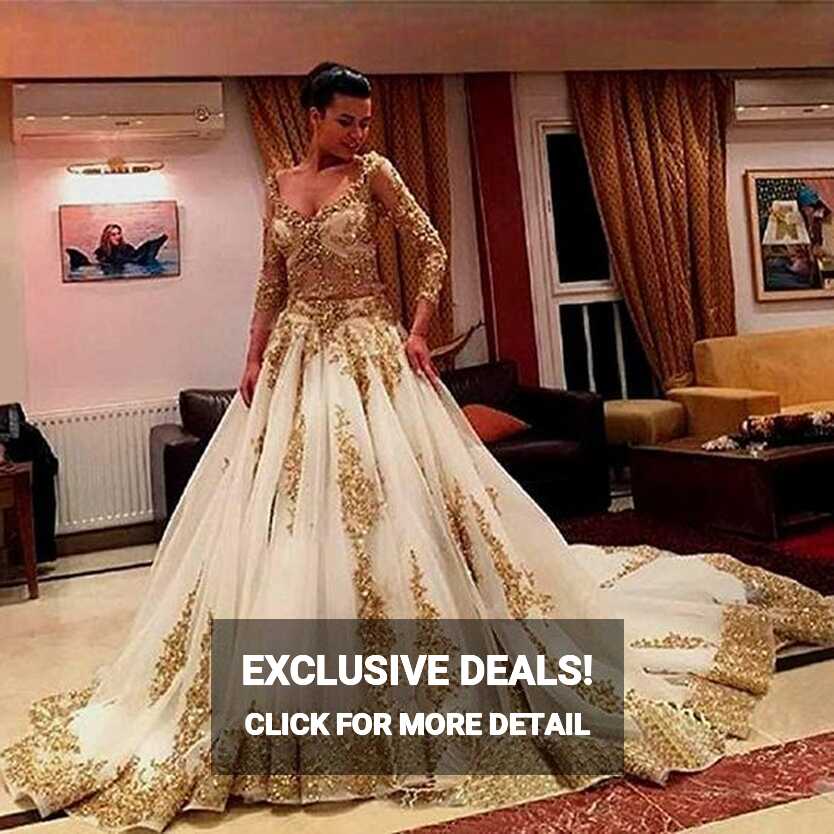 vintage wedding dresses long sleeve gold lace applique elegant ...