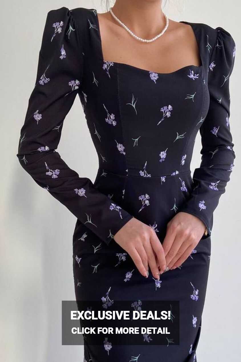 vuvutasarım Crepe Fabric Purple Floral Print Square Neck Long ...