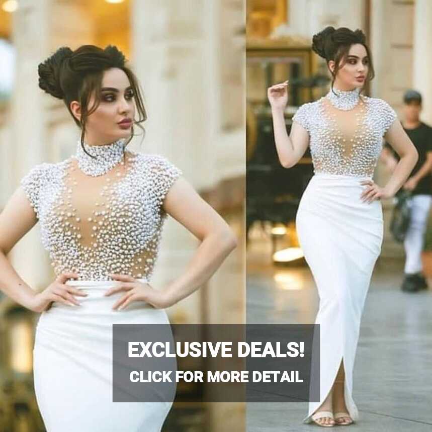 white evening dresses for weddings arabic high neck beaded mermaid ...