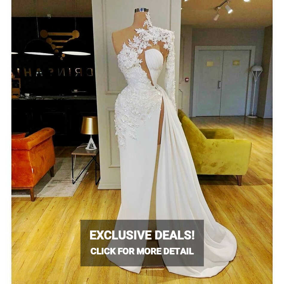 white evening dresses long lace applique mermaid elegant modest ...