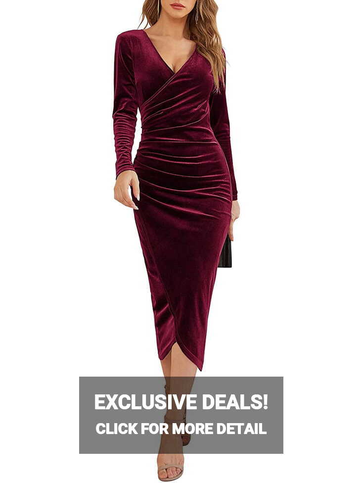 wybzd Women Velvet Dress Long Sleeve V Neck Wrap Bodycon Pencil ...