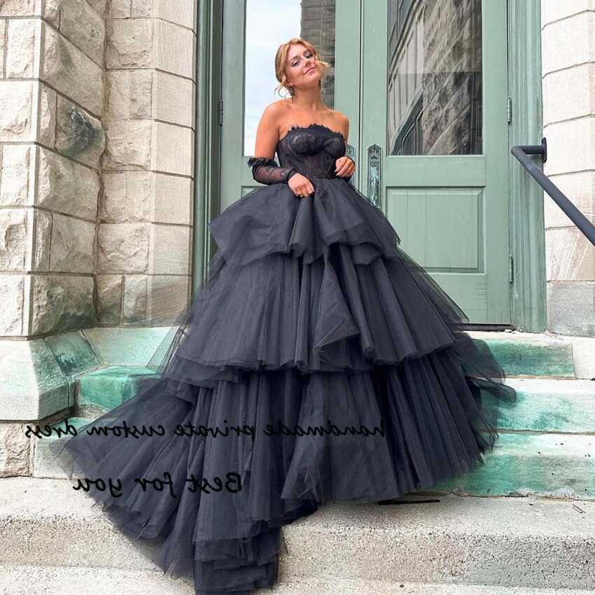 ₪578-Luxury Black Princess Evening Prom Dresses Lace Appliques ...