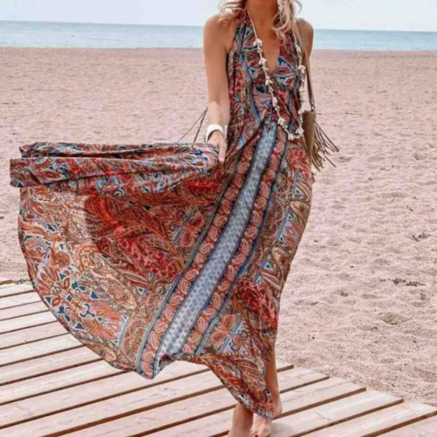 Çiçek Baskılı A-Line Beach Maxi Dresses Kadın Vintage Blackless ...