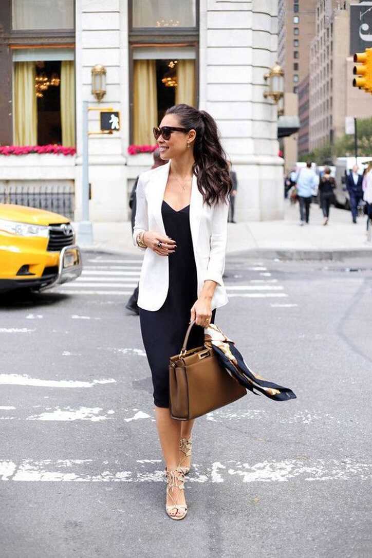 03 a black midi dress, a white jacket, creamy strappy heels and a ...