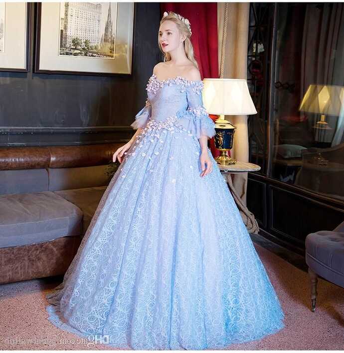 100%real Light Blue Lace Flower Slash Collar Court Ball Gown ...