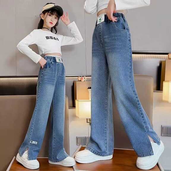 110-160cm Spring Kids Denim Loose Jeans Pants For Girls Crimped ...