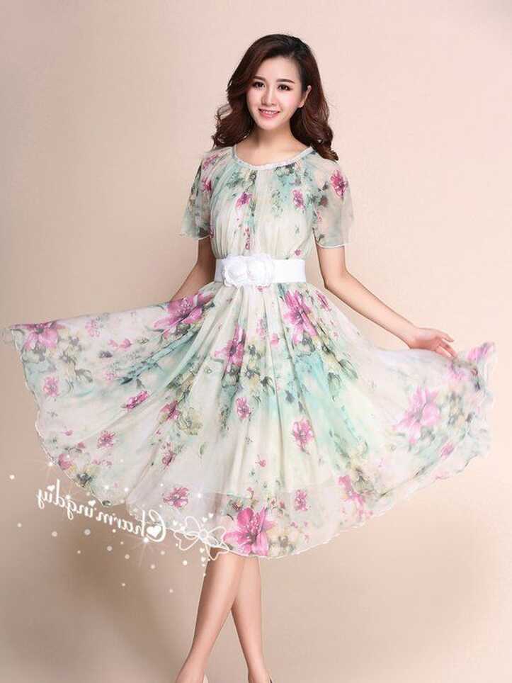 110 Colors Chiffon Green Pink Flower Short Sleeve Knee Skirt Party ...