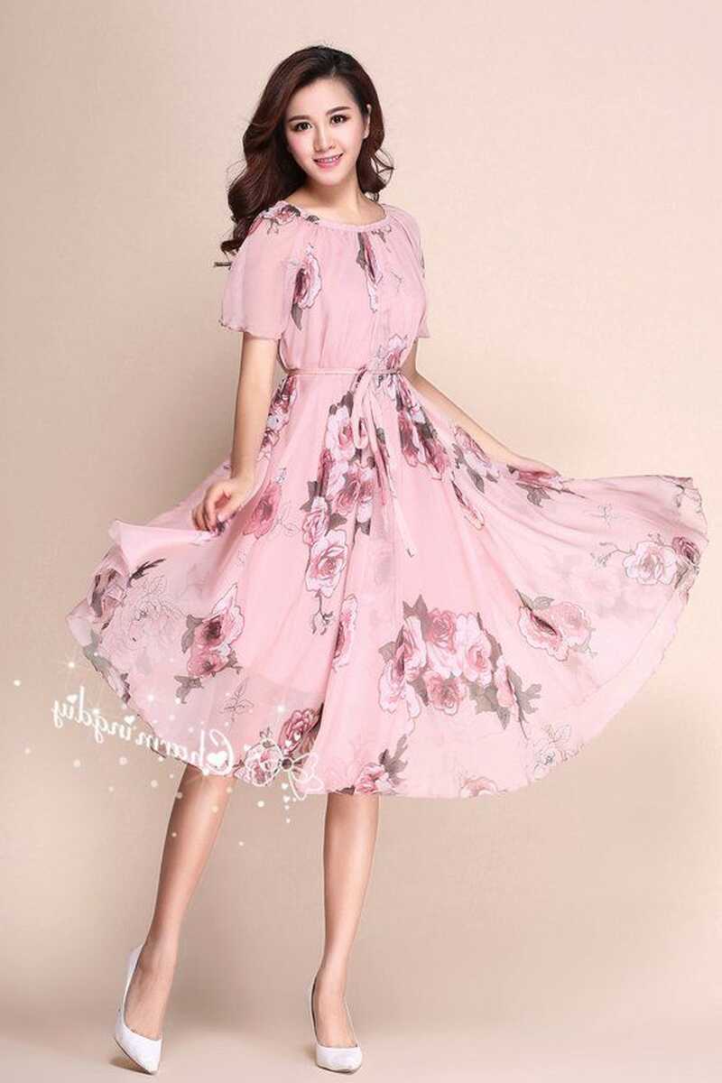 110 Colors Chiffon Pink Rose Flower Short Sleeve Knee Skirt Party ...