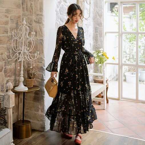 12th Tone - Bell-Sleeve Floral Maxi Chiffon Dress | YesStyle