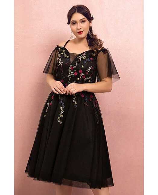 145.99] Custom Knee Length Black Party Dress with Flower ...