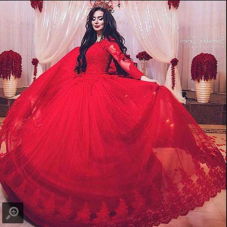 175.0US $ |Vestido De Novia 2022 Ball Gown Red Lace Long Sleeve ...